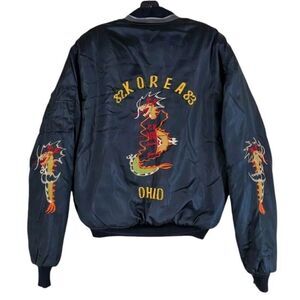 Vtg 80s Sukajan Korea Satin Bomber Jacket Embroidered Dragon Men L USAF Military